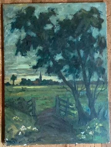 Bijsterveld, landschap, weide, kerk, landschap, schilderij beschikbaar voor biedingen