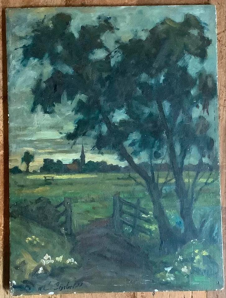 Bijsterveld, landschap, weide, kerk, landschap, schilderij, Antiek en Kunst, Kunst | Schilderijen | Klassiek, Ophalen of Verzenden