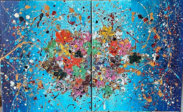 Valera- Bloemen- Twee Luik- Handgeschilderd- Uniek, Antiek en Kunst, Kunst | Schilderijen | Modern, Ophalen of Verzenden