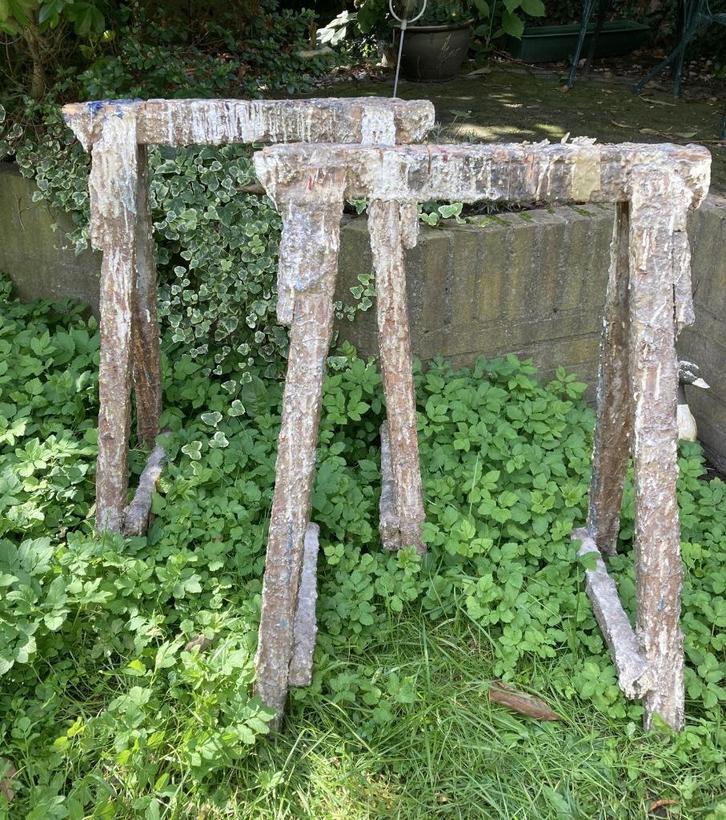 2x Brocante oude houten schragen, Antiek en Kunst, Curiosa en Brocante, Ophalen