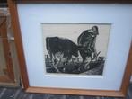 George NOTENBOOM,(scheen),Linosn. Boer,Koe meevoerend, Antiek en Kunst, Kunst | Etsen en Gravures, Ophalen of Verzenden