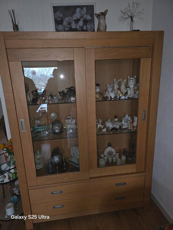 Massief Eiken Vitrinekast in Topstaat, Huis en Inrichting, Kasten | Vitrinekasten, Zo goed als nieuw, Met lade(s), Met deur(en)
