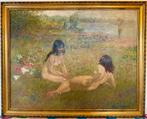 Harry Maas, 3 naakte dames in het gras, olieverf 90 x 70 cm, Ophalen