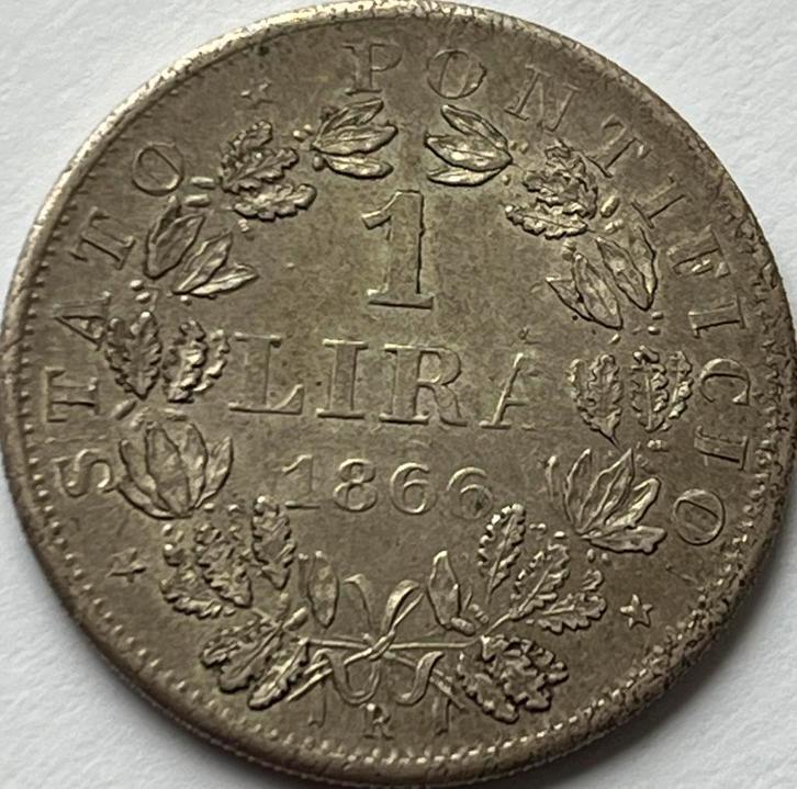 Pauselijke Staten schitterende lire 1866, Postzegels en Munten, Munten | Europa | Niet-Euromunten, Losse munt, Italië, Zilver