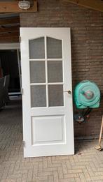 Merbau houten  binnendeur met bewerkt melk glas, 80 tot 100 cm, Gebruikt, Glas, Ophalen