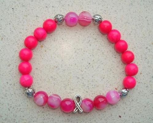 Pink Ribbon armband van pink natuursteen en agaat - maat naa, Sieraden, Tassen en Uiterlijk, Armbanden, Nieuw, Elastiek, Roze
