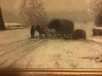 Winterlandschap Paarden met huifkar in de sneeuw 75,=€, Antiek en Kunst, Ophalen