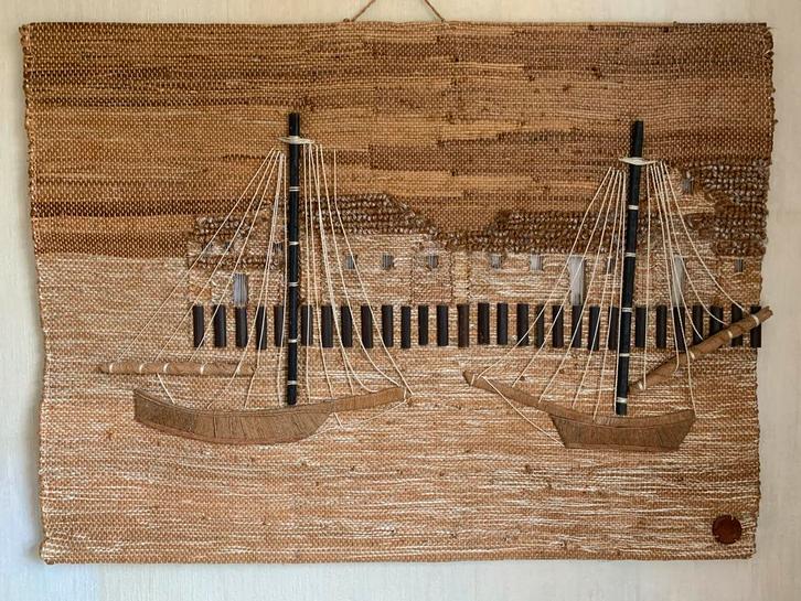 Vintage Wandkleed Zeilboten Jute Handgemaakt Maritiem Thema, Antiek en Kunst, Antiek | Kleden en Textiel, Ophalen