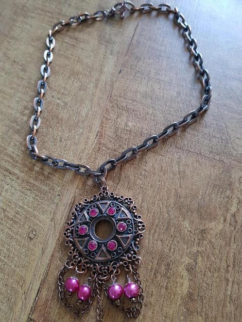 Bronskleurige grove schakelketting Swarovski en parels, Sieraden, Tassen en Uiterlijk, Kettingen, Nieuw, Overige materialen, Met hanger