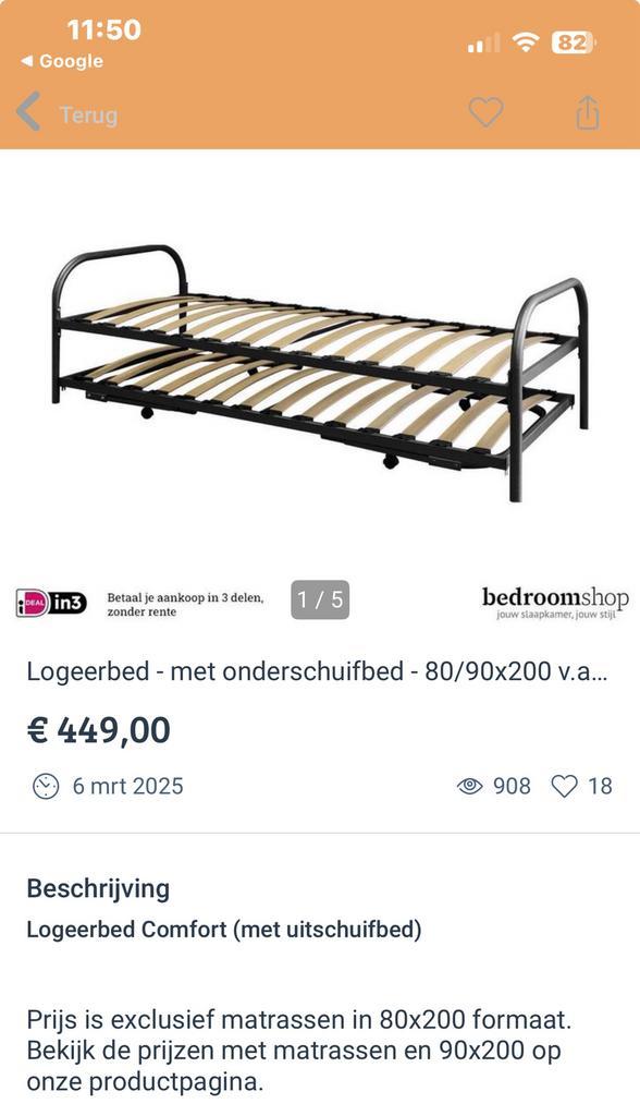 Logeerbed zwart met onderschuifbed z.g.a.n., Huis en Inrichting, Slaapkamer | Bedden, Zo goed als nieuw, Eenpersoons, 90 cm, 200 cm
