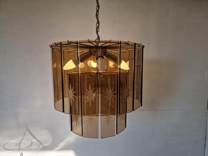 Vintage waterval kroonluchter met geslepen gerookt glas., Huis en Inrichting, Lampen | Hanglampen, Gebruikt, Minder dan 50 cm