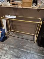 Gouden sidetable met glas, Huis en Inrichting, Tafels | Sidetables, Ophalen, 100 tot 150 cm, Zo goed als nieuw, Glas