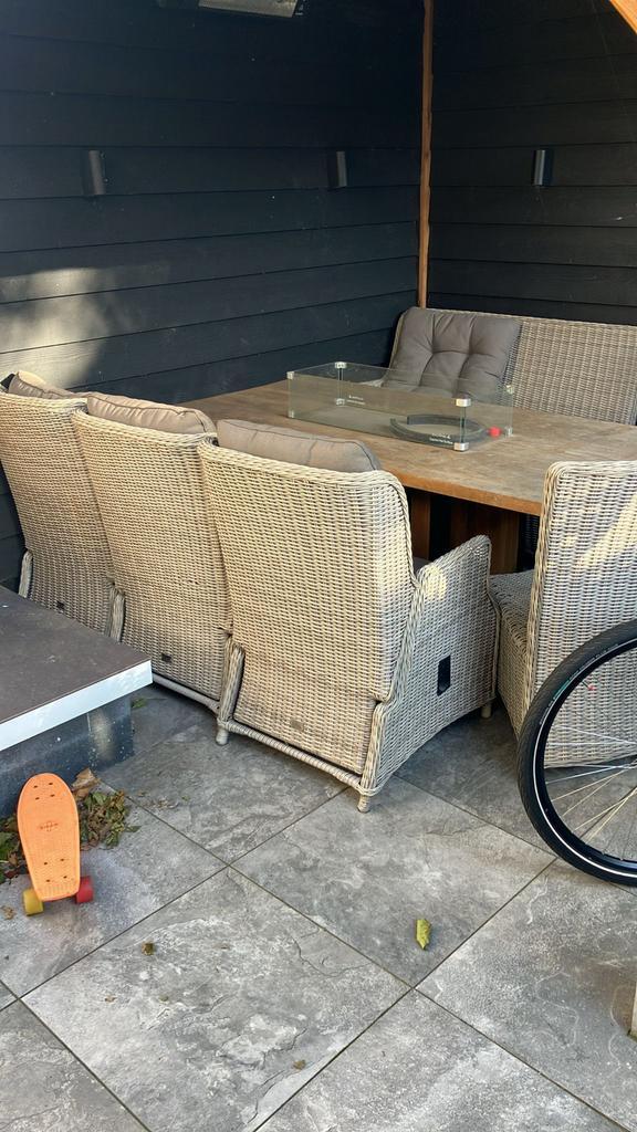 Tuinset met sfeerbrander, Tuin en Terras, Tuinsets en Loungesets, Gebruikt, Tuinset, Wicker, 6 zitplaatsen, Bank, Ophalen