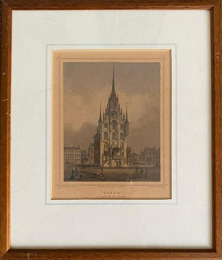 Stadhuis Gouda - Gravure L. Rohbock, Antiek en Kunst, Kunst | Etsen en Gravures, Ophalen of Verzenden