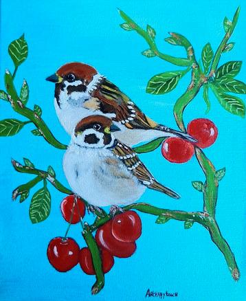 Schilderij mussen.op kersentak in vrolijk acryl op canvas  beschikbaar voor biedingen