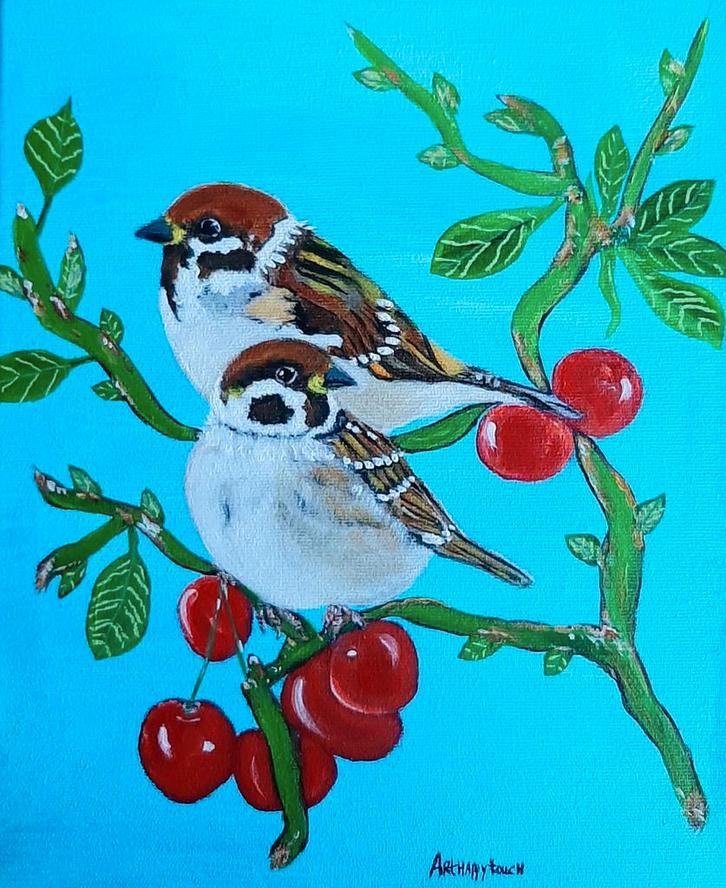 Schilderij mussen.op kersentak in vrolijk acryl op canvas, Antiek en Kunst, Kunst | Schilderijen | Modern, Ophalen of Verzenden