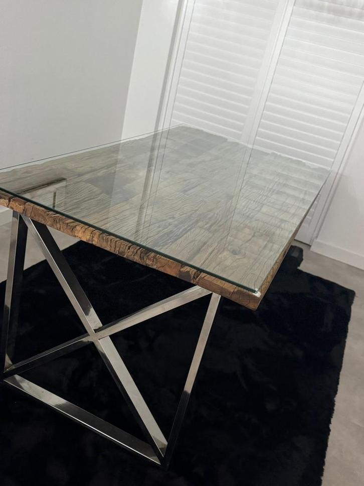 Houten Eettafel met Glasplaat, Huis en Inrichting, Tafels | Eettafels, Zo goed als nieuw, 150 tot 200 cm, Rechthoekig, Ophalen