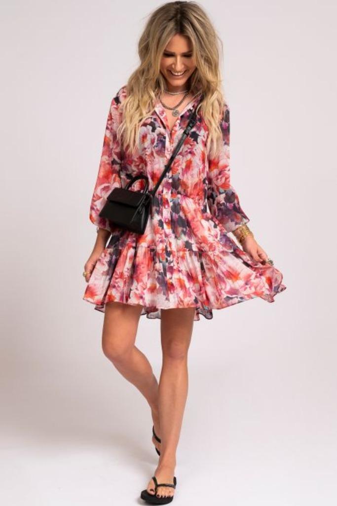 Nikkie rood roze gebloemde jurk Soleil dress mt XS-S 44901, Kleding | Dames, Jurken, Zo goed als nieuw, Maat 34 (XS) of kleiner