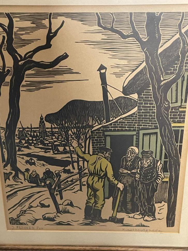 Houtsnede Franken, J. Pzn. Boer en Boerin in gesprek, Antiek en Kunst, Kunst | Etsen en Gravures, Ophalen of Verzenden