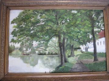 "Huizen aan het water", Bruynseel, olieverf. beschikbaar voor biedingen