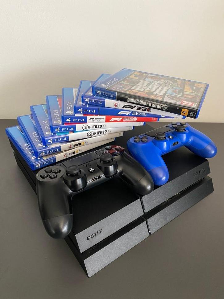 Playstation 4 + 2 controllers & 8 spellen, Spelcomputers en Games, Spelcomputers | Sony PlayStation 4, Gebruikt, Original, 500 GB