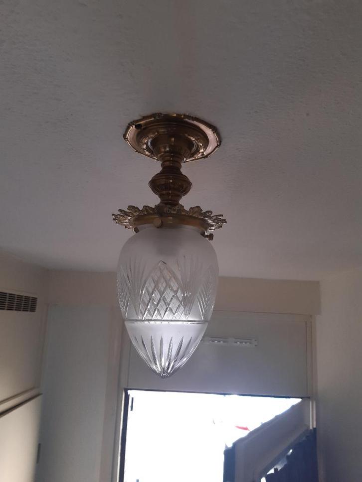 Antieke plafonnière brons met geslepen kristal, Antiek en Kunst, Antiek | Lampen, Ophalen