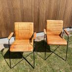 Vier eetkamerstoelen, buffalo leer, € 100 totaal, Ophalen, Gebruikt, Bruin, Metaal