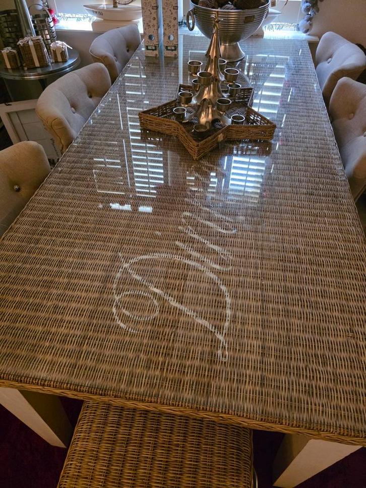 Riviera Maison Rattan Eettafel 2.02 x 92 cm met glasplaat, Huis en Inrichting, Tafels | Eettafels, Zo goed als nieuw, Ophalen