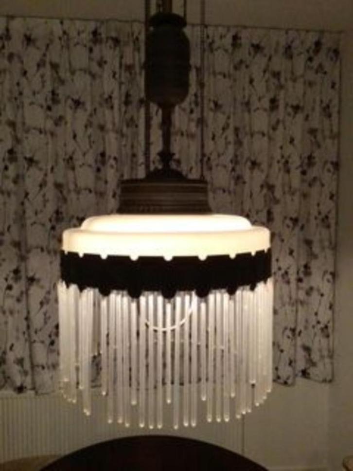 antieke hanglamp, witglazen kap, messing ophangsysteem, Antiek en Kunst, Antiek | Lampen, Ophalen