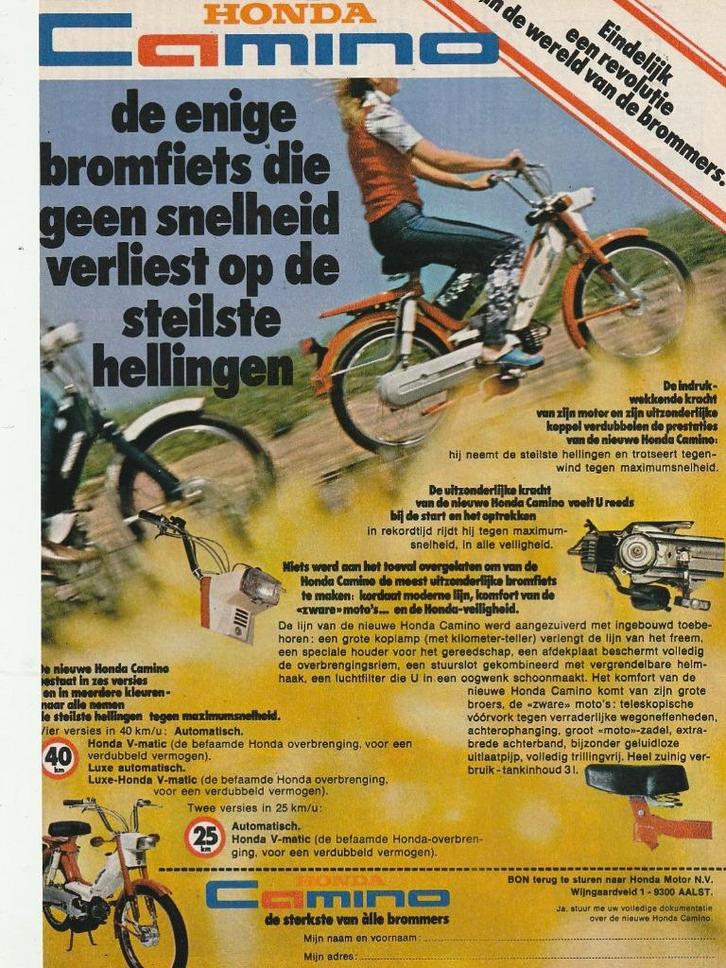 Retro reclame 1979 Honda Camino brommer de echte sterkste, Verzamelen, Retro, Overige typen, Verzenden