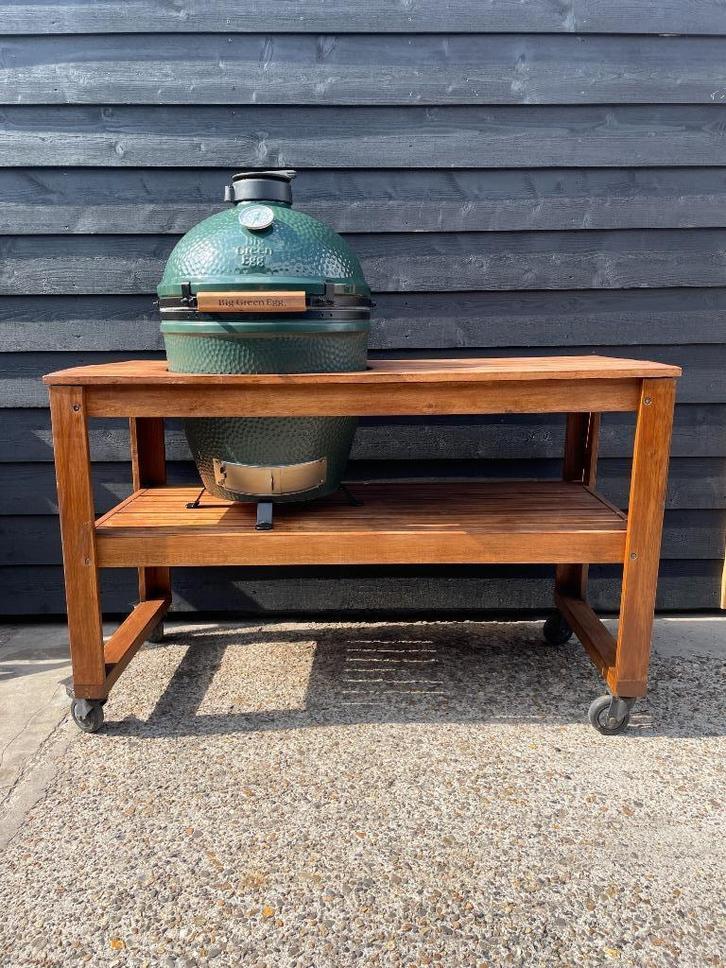 Big Green Egg large 2025 in acacia tafel kamado buitenkeuken, Tuin en Terras, Buitenkeukens, Zo goed als nieuw, Houtskool, Vrijstaand