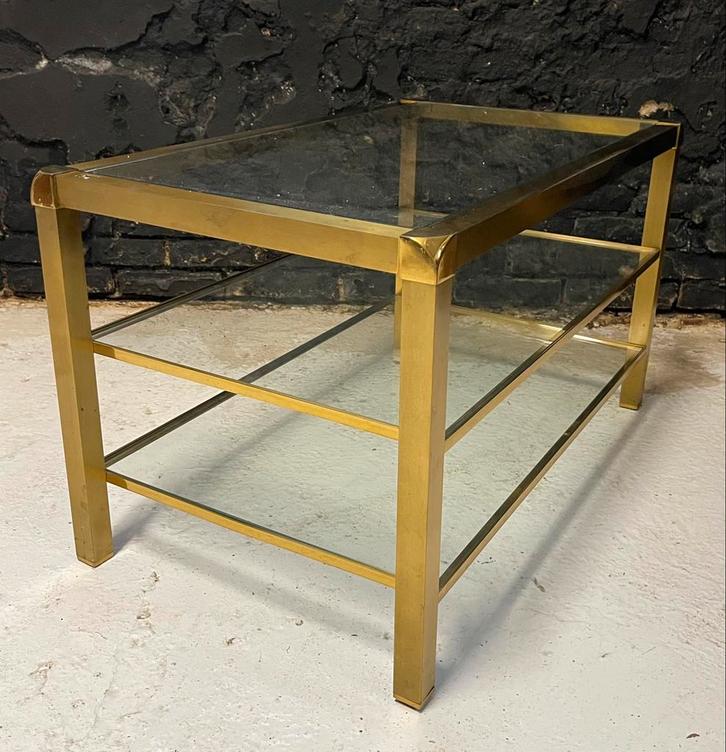 Vintage eighties salontafel Regency chic messing glas, Huis en Inrichting, Tafels | Salontafels, Gebruikt, Minder dan 50 cm, Minder dan 50 cm