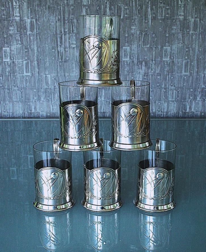 Spoetnik Russisch Theeglas houder Met Glas - Compleet set !, Antiek en Kunst, Curiosa en Brocante, Ophalen of Verzenden