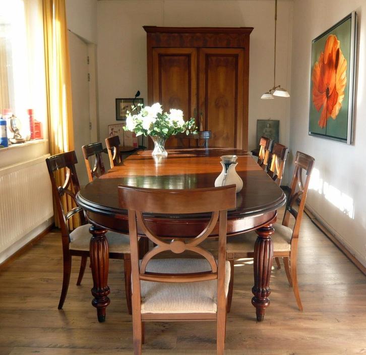 Fraaie massief mahonie coulissen tafel max. 2.70 x 1.12 m, Huis en Inrichting, Tafels | Eettafels, Gebruikt, 100 tot 150 cm, 200 cm of meer