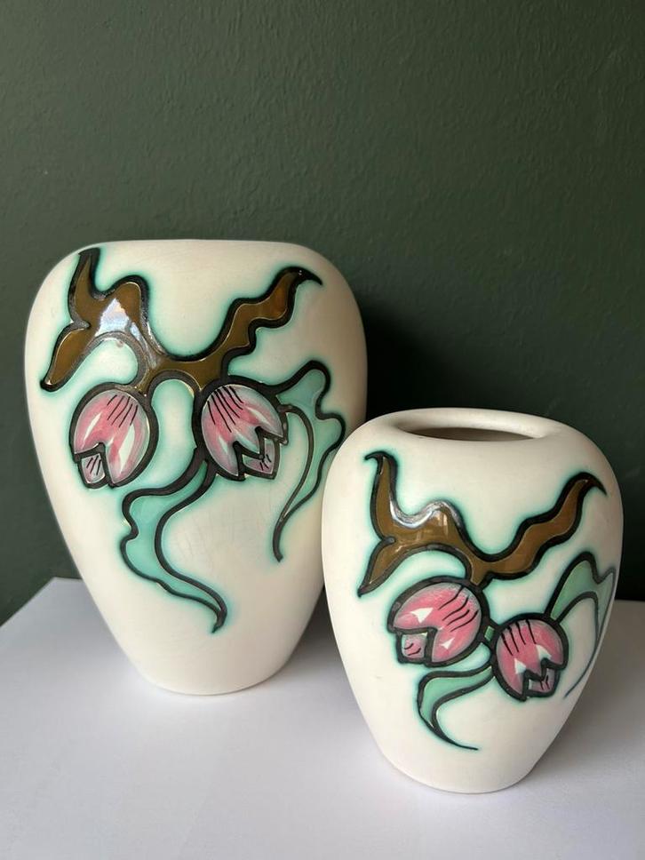 Flora Gouda plateel vazen decor Bianca 1960's, Antiek en Kunst, Antiek | Keramiek en Aardewerk, Ophalen of Verzenden
