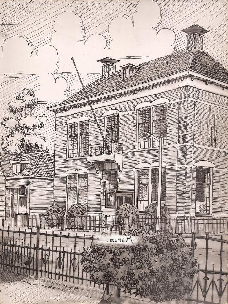 Marum Gemeentehhuis tekening Sievers 50/60er jaren, Antiek en Kunst, Kunst | Tekeningen en Foto's, Ophalen of Verzenden