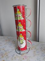 4 Kerstmokken met Sneeuwpop ontwerp in houder, Ophalen of Verzenden, Zo goed als nieuw