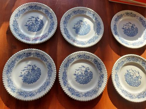 Set van 6 oude Franse ontbijtbordjes taartbordjes blauw wit, Huis en Inrichting, Keuken | Servies, Gebruikt, Bord(en), Overige stijlen