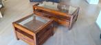 Bijzettafel (+ salontafel) acacia glasplaat met lade, Huis en Inrichting, Tafels | Bijzettafels, Gebruikt, Vierkant, 55 tot 75 cm
