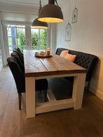 Massief eiken tafel van 3 meter met bank en 4 stoelen, Huis en Inrichting, Ophalen, Gebruikt, 4 tot 6 stoelen