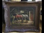 Schilderij op multiplex paarden in stal 60x70cm incl lijst, Antiek en Kunst, Kunst | Schilderijen | Klassiek, Ophalen