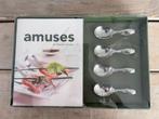 4 metalen amuse lepeltjes. Met amuse kookboek. Nieuw, Ophalen