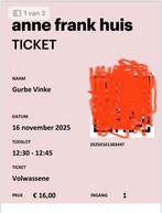 Tickets Anne Frank huis zondag 16-11 12:30 u, Tickets en Kaartjes, Musea, Drie personen of meer, Ticket of Toegangskaart