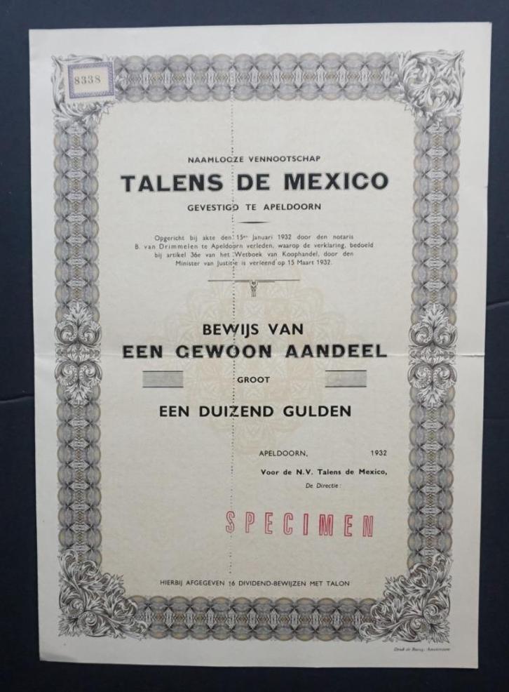 Talens de Mexico - Apeldoorn 1932, Postzegels en Munten, Aandelen en Waardepapieren, Aandeel, 1920 tot 1950, Verzenden