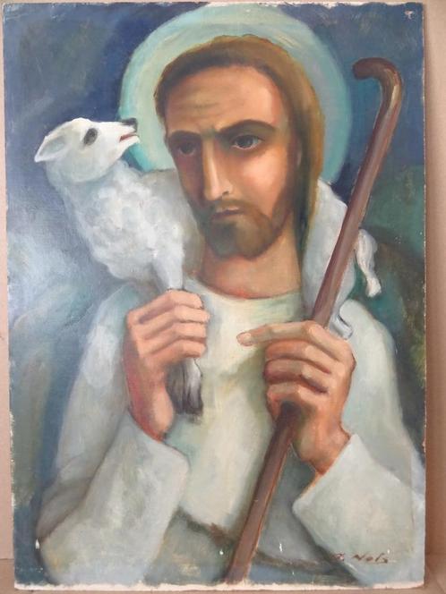 Antiek schilderij Jezus de Goede Herder 41x58cm Arthur Nols, Antiek en Kunst, Antiek | Religie, Ophalen of Verzenden