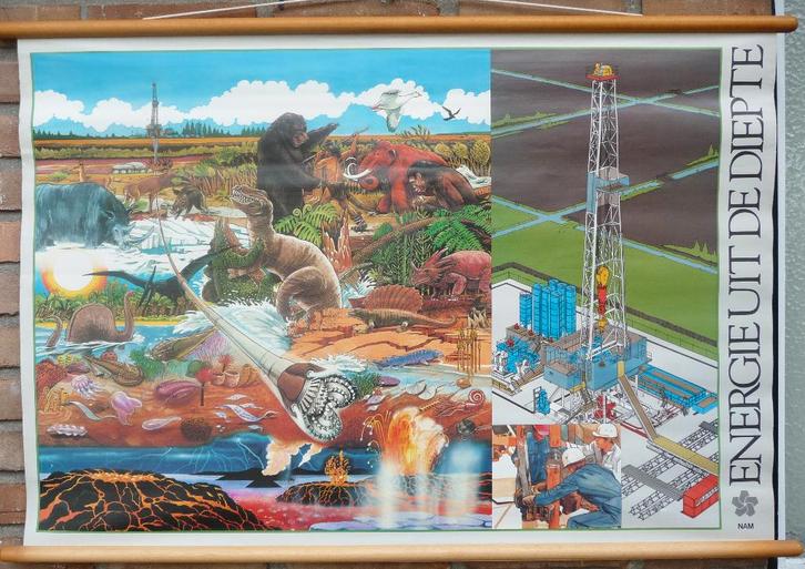 Oude schoolpjaat met de winning van aardolie versus evolutie, Antiek en Kunst, Antiek | Schoolplaten, Natuur en Biologie, Ophalen of Verzenden