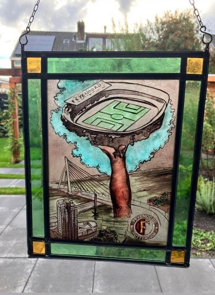 Uniek glas in lood kunstwerk Feyenoord met erasmusbrug, Verzamelen, Sportartikelen en Voetbal, Gebruikt, Overige typen, Feyenoord