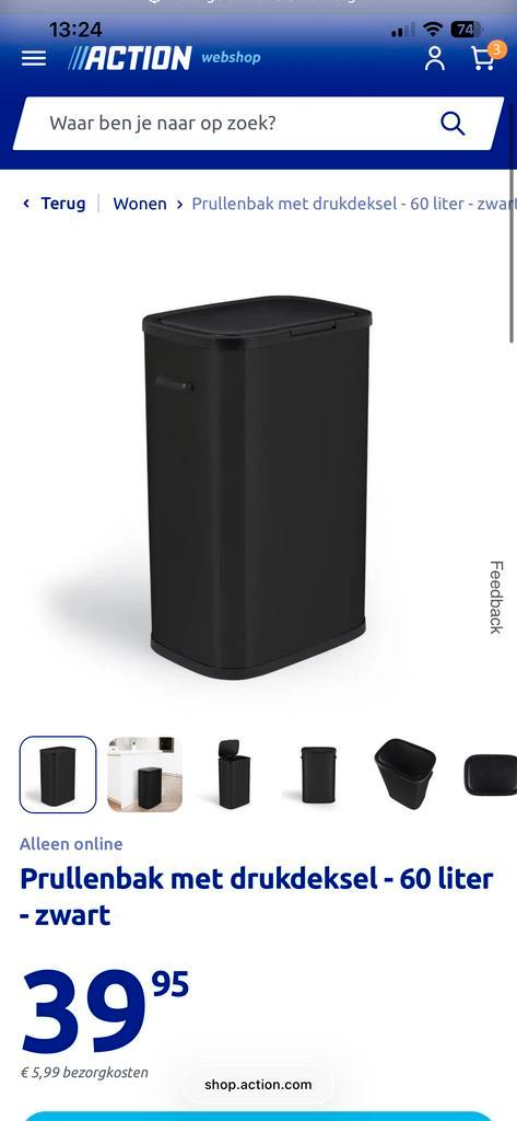 Zwarte prullenbak van Action, Huis en Inrichting, Woonaccessoires | Prullenbakken, Zo goed als nieuw, Kunststof, 50 tot 75 cm