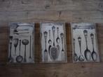 Nieuw:Set van 3 brocante jute prenten antiek bestek 42x26 cm, Antiek en Kunst, Curiosa en Brocante, Ophalen of Verzenden