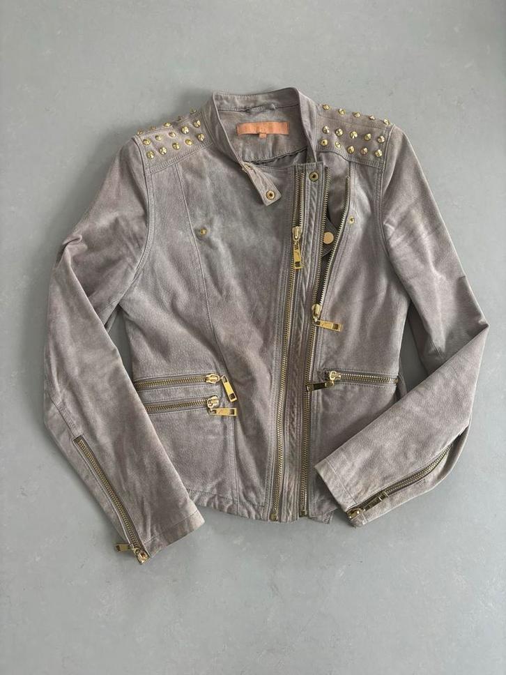 JOSH V Suede Bikerjack - Studded Gun Design, Kleding | Dames, Jasjes, Kostuums en Pakken, Gedragen, Maat 38/40 (M), Grijs, Ophalen of Verzenden
